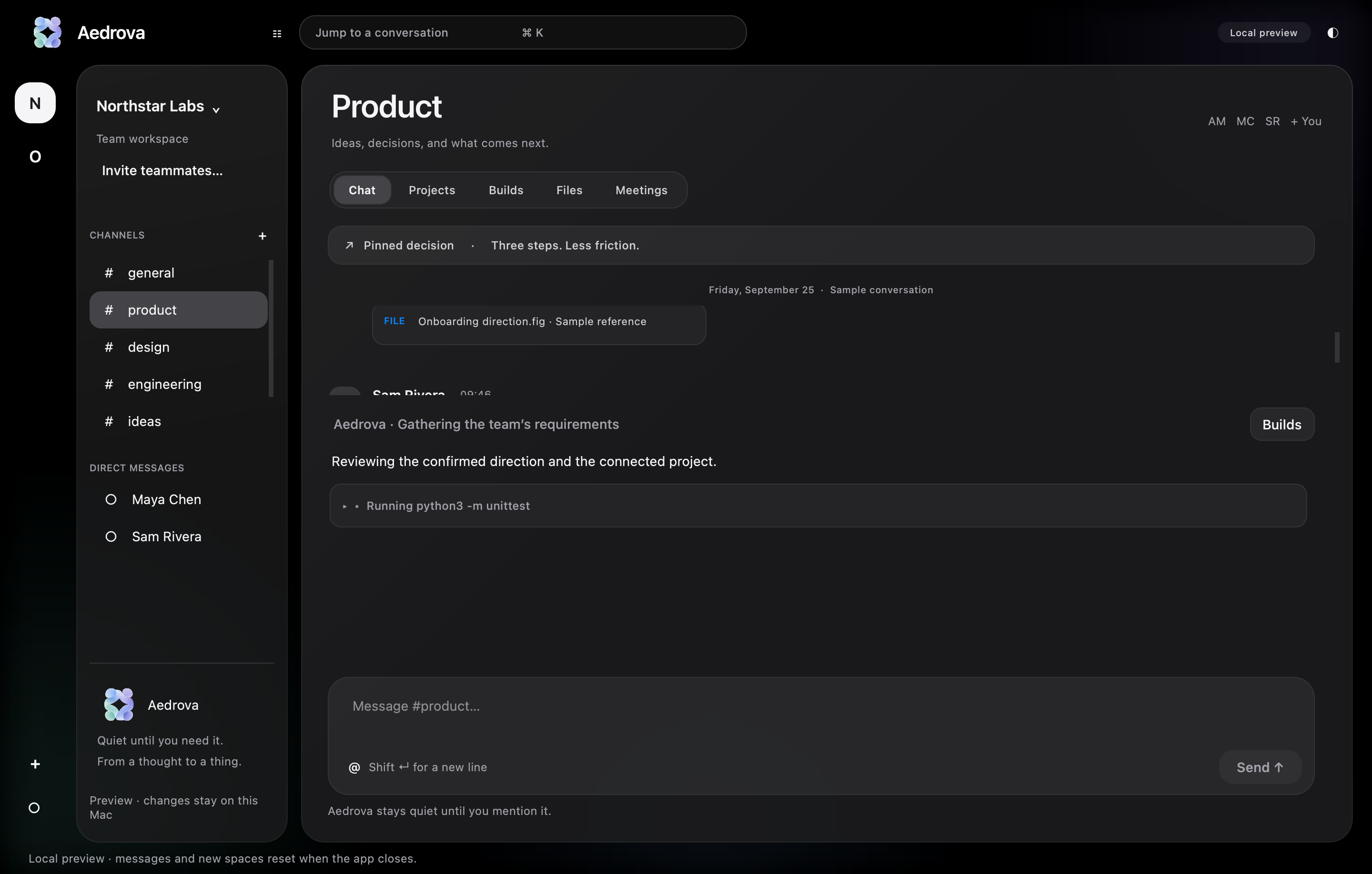 Actual Aedrova desktop: In-chat coding agent activity demonstration