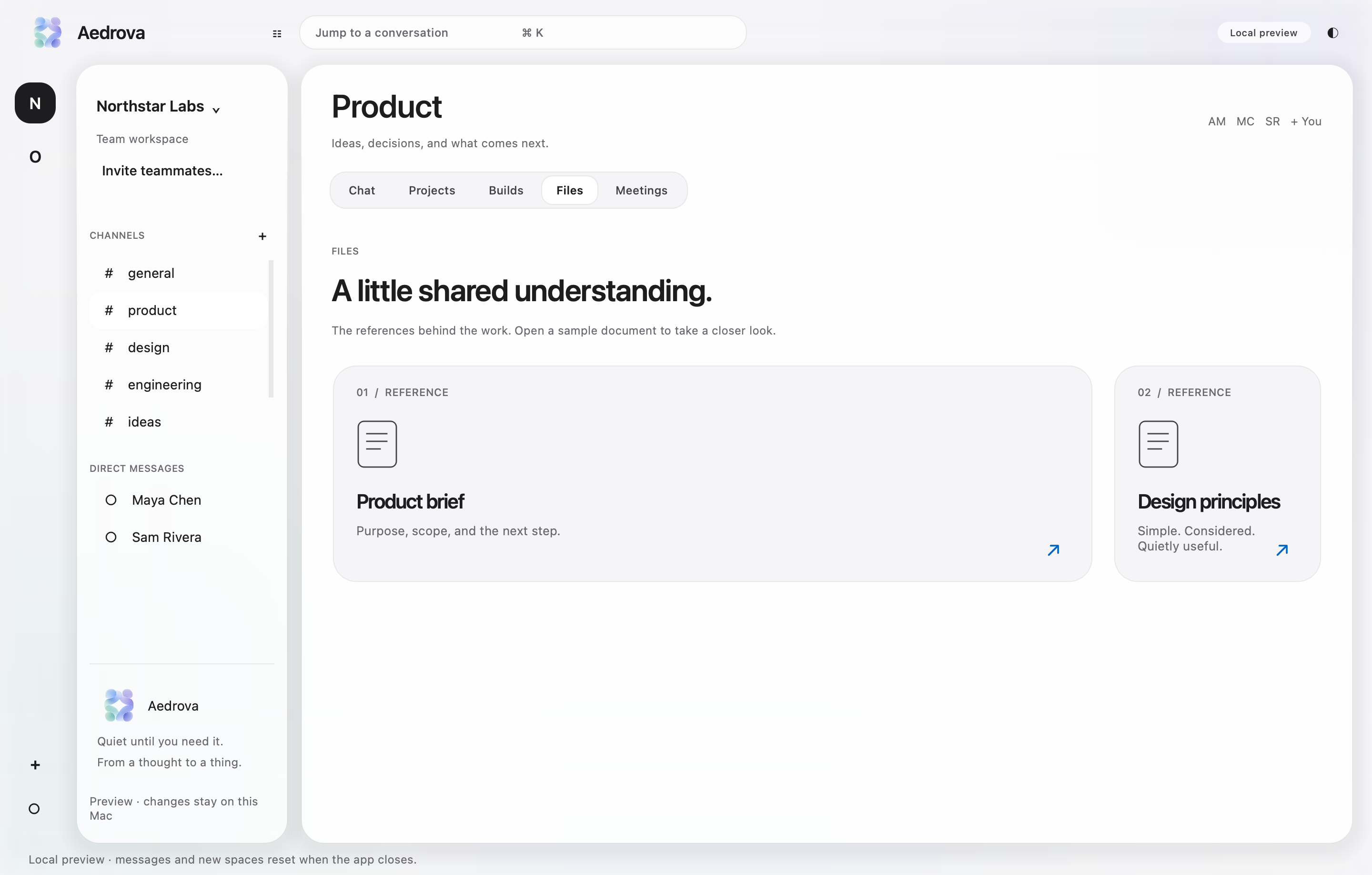 Actual Aedrova desktop: Shared sample product briefs and design references