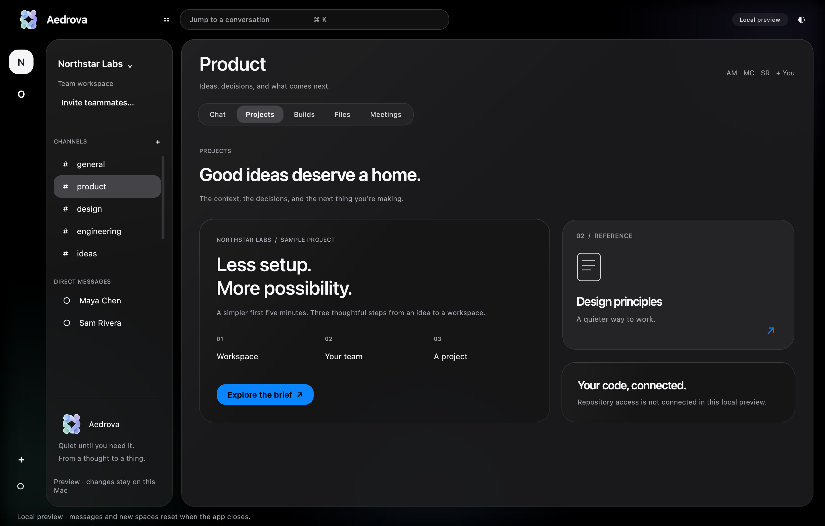 Actual Aedrova desktop: Projects tab with a sample project brief