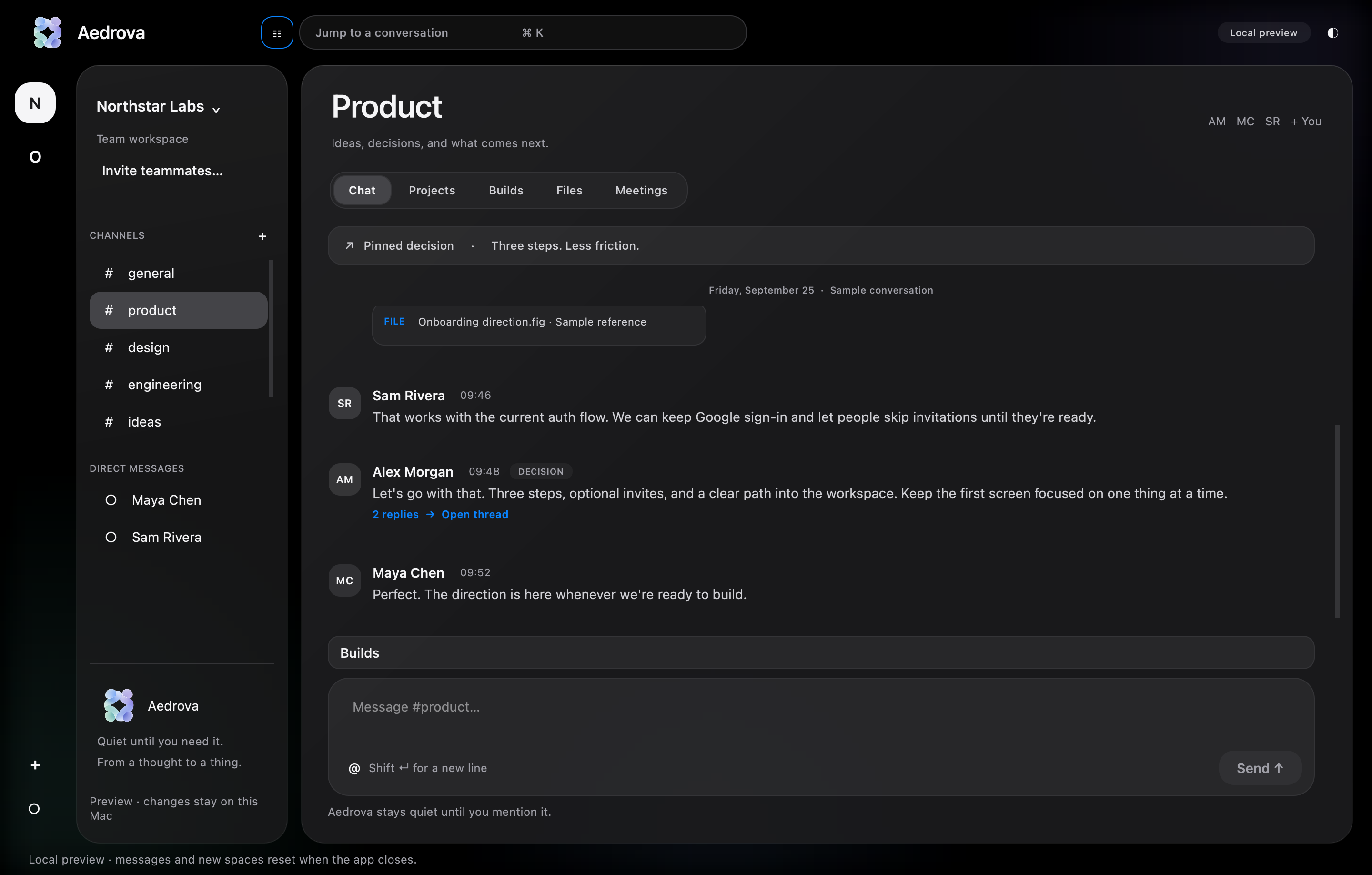 Actual Aedrova desktop: Workspace channels and team conversation